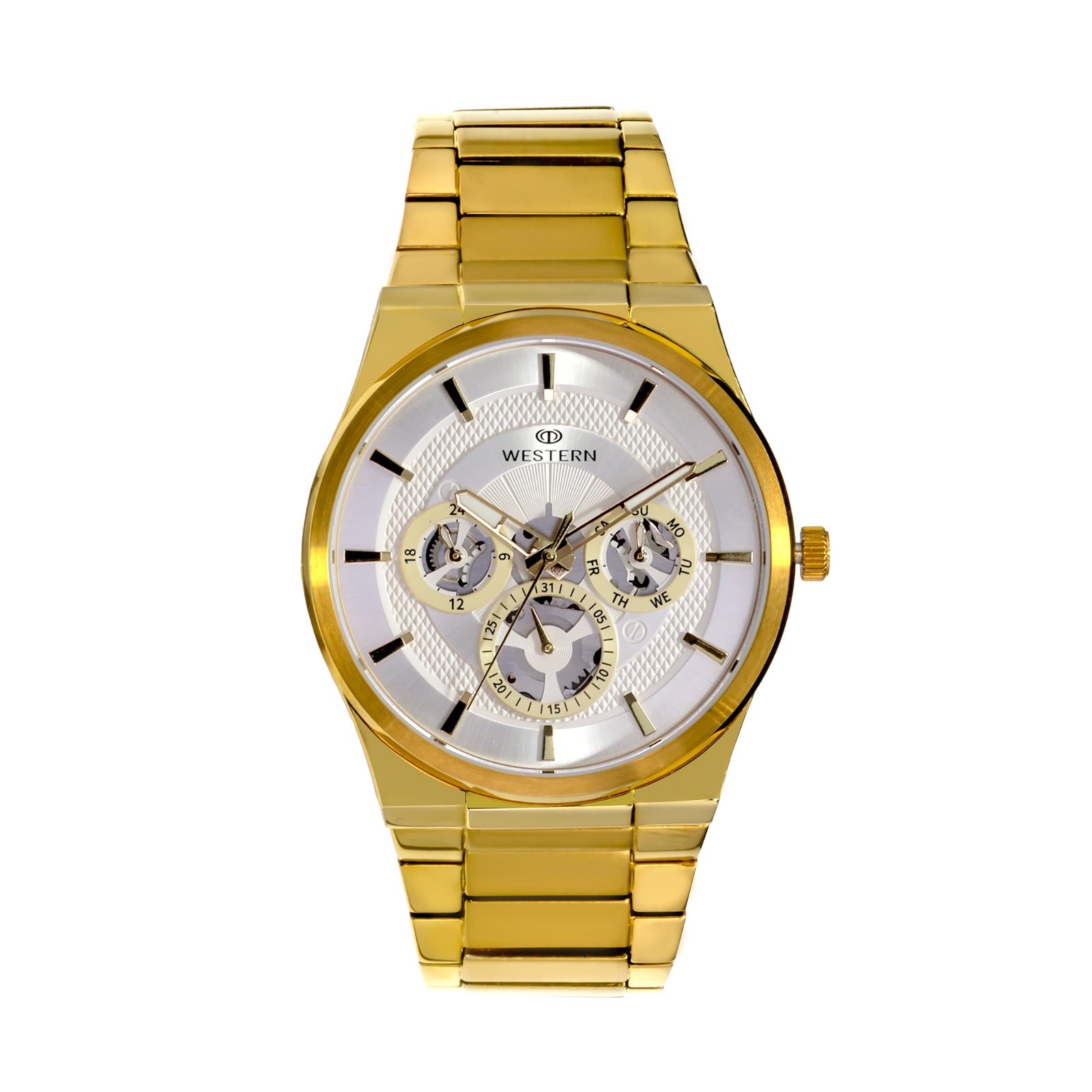 Western Men's Luxury Multifunction Bracelet Watch – Golden Stainless Steel, Silver Dial,  5ATM Water Resistant Analog Watch