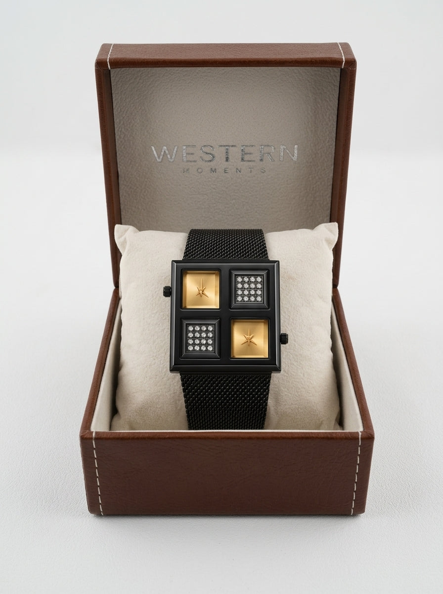 with WESTERN Unisex Rectangular Dual Time Watch Mesh Band – Luxury Square Analogue Watch for Men & Women with Sparkling Crystal Accents, Dual Movement & Adjustable Steel Strap