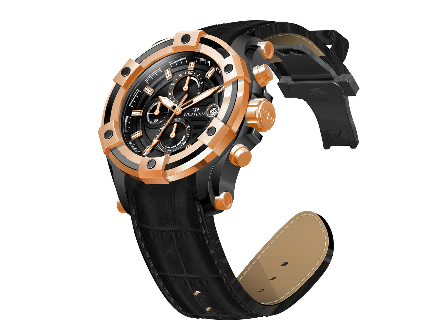 Western Men's Chronograph Watch – Genuine Leather Strap, Butterfly Clasp, 5 ATM Water Resistant | Premium Analog Wristwatch for Men