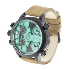 Men's Leather Strap Dual Time, Multifunction Watch