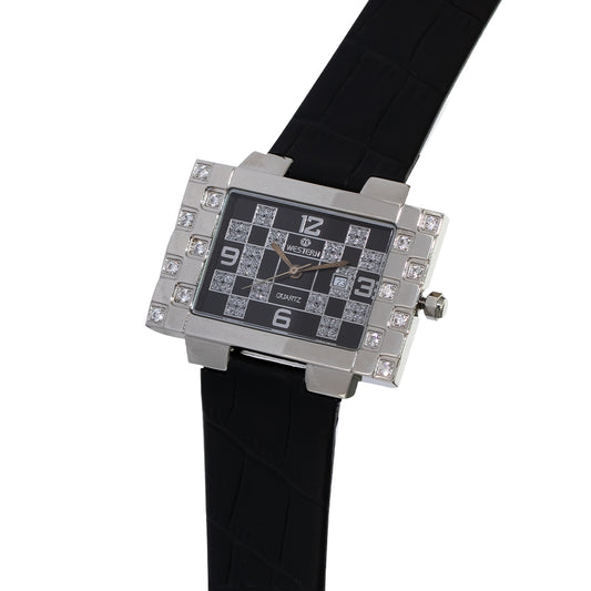 men’s black leather strap watch
rectangular black MOP dial.
watch with gemstone on bezel.
