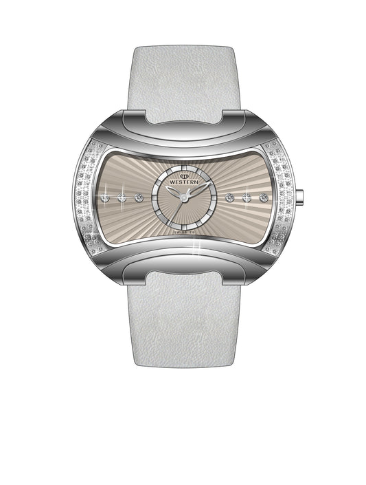 Women’s quartz analogue watch with grey dial and leather strap.