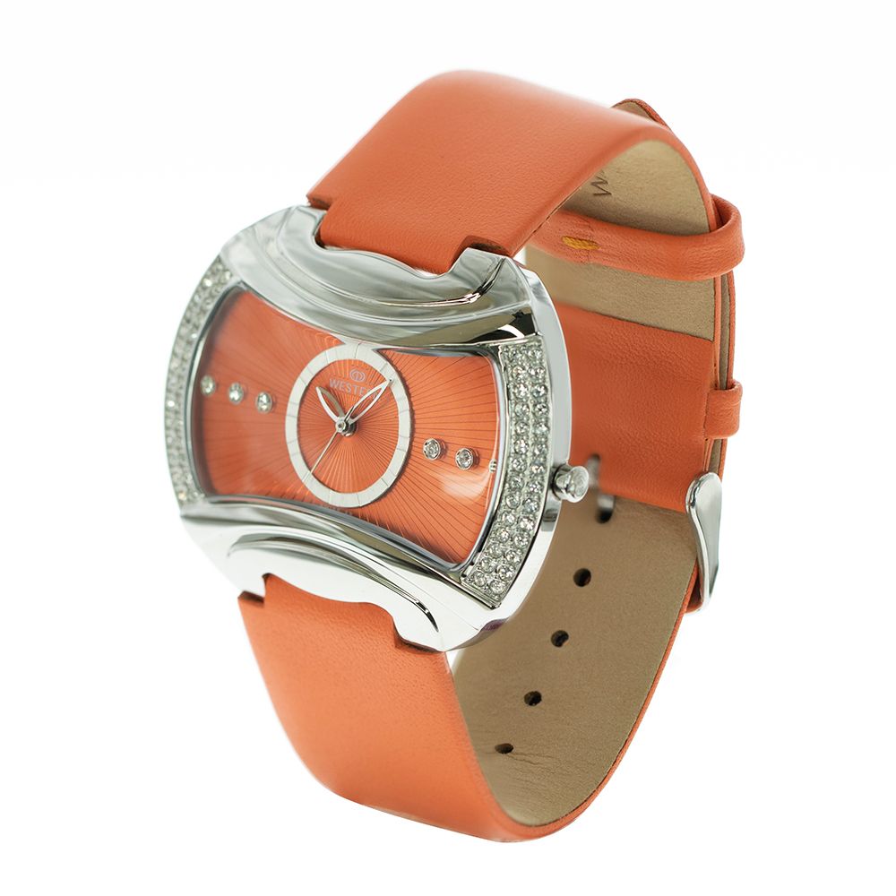 Chic Women’s Quartz Analogue Watch with Orange Dial & Leather Strap