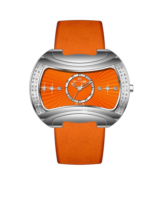 Women’s quartz analogue watch with orange dial and leather strap.