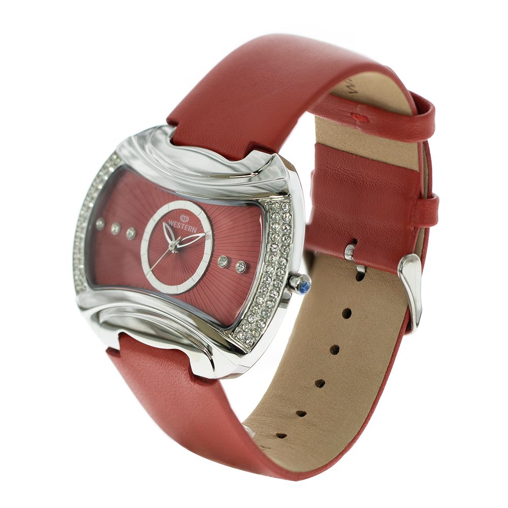 Elegant Women’s Quartz Analogue Watch with Red Dial & Leather Strap