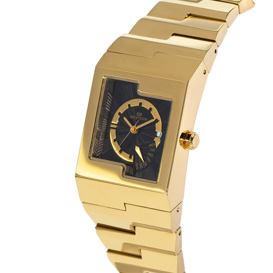 Gold-plated men’s wristwatch with black dial and silver hands”