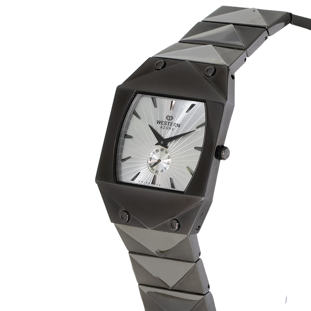 Men's band wrist watch with a hidden lock clasp in a sleek design.

