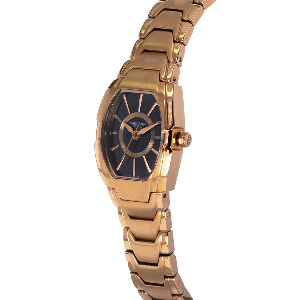 Women’s quartz analogue black dial bracelet watch with silver bracelet.