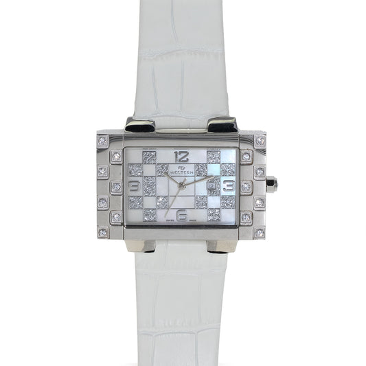 Close-up of a men’s luxury strap watch featuring a white mother-of-pearl dial and sparkling stones”
“Sophisticated men’s strap watch with white mother-of-pearl dial and stone embellishments”