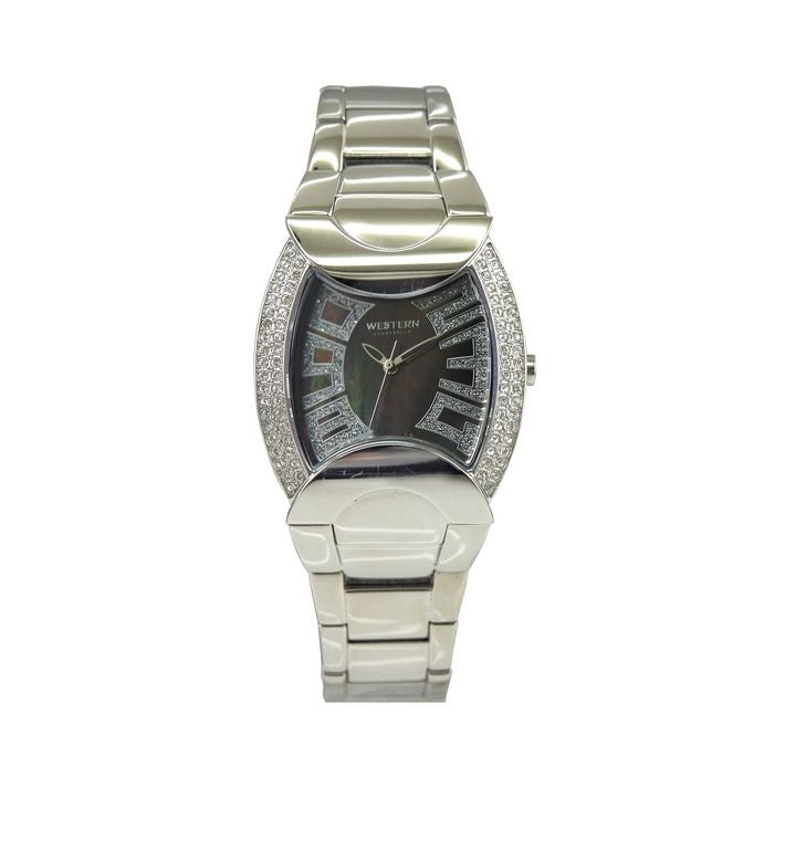 Women’s quartz analog bracelet watch with black dial and silver bracelet.