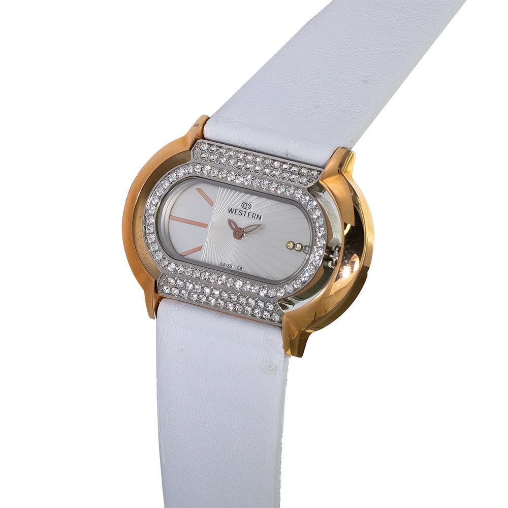 Ladies’ quartz analogue watch with a white dial and white strap
