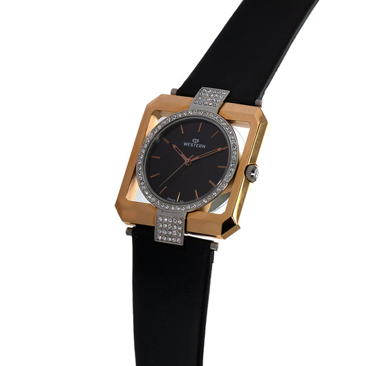 Ladies' quartz analogue watch with black dial and leather strap
