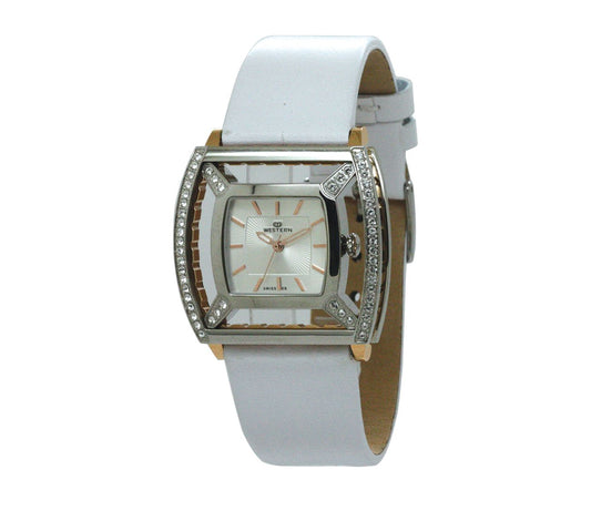 Elegant quartz analogue ladies watch with white leather strap