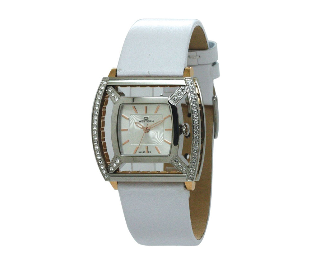 Elegant quartz analogue ladies watch with white leather strap