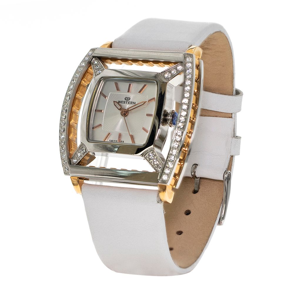 Elegant Quartz Analogue Ladies Watch with White Leather Strap