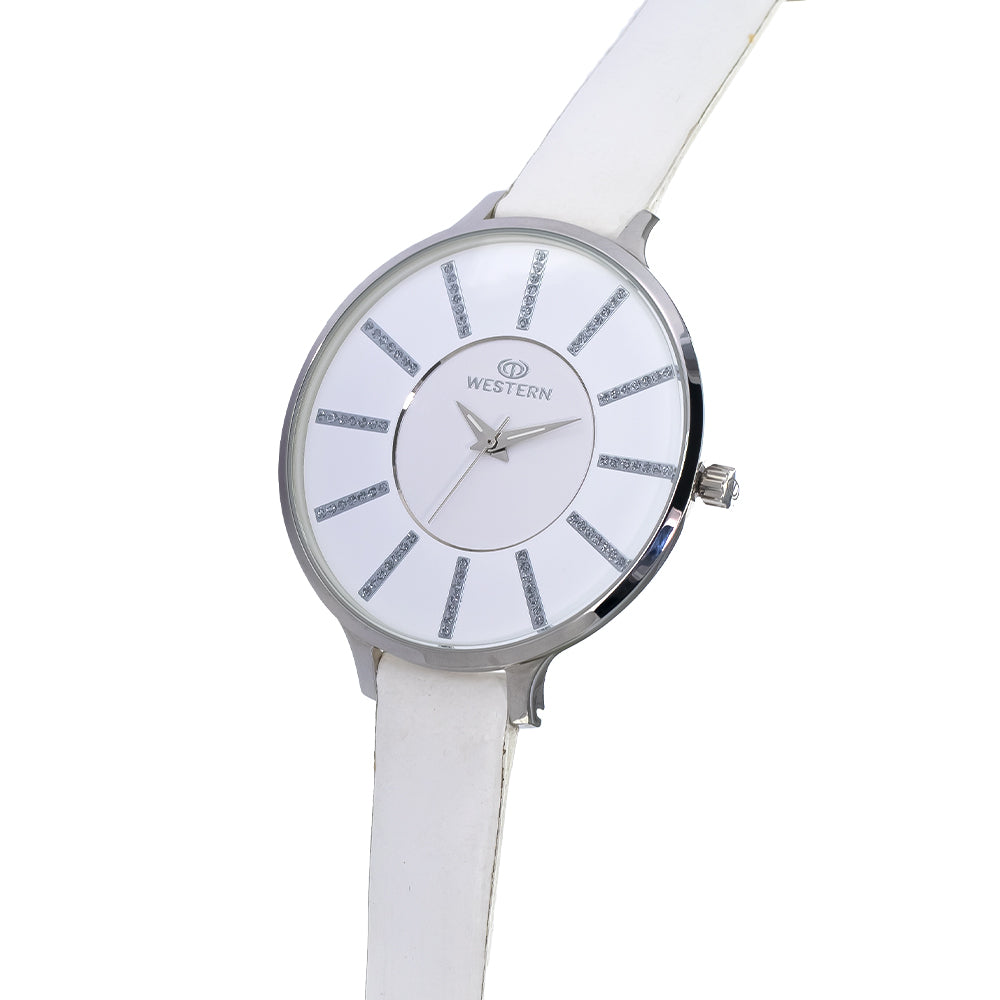 Ladies' quartz analogue watch with a white dial and white leather strap.
