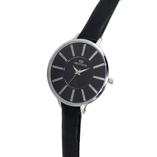 Elegant Ladies' Analogue Quartz Watch | Black Dial & Leather Strap | Timeless Style