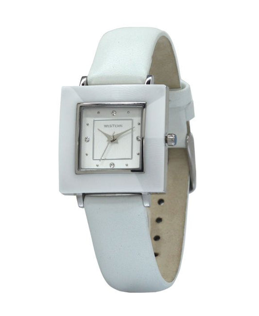 Sophisticated Ladies' White Leather Strap Square Timepiece