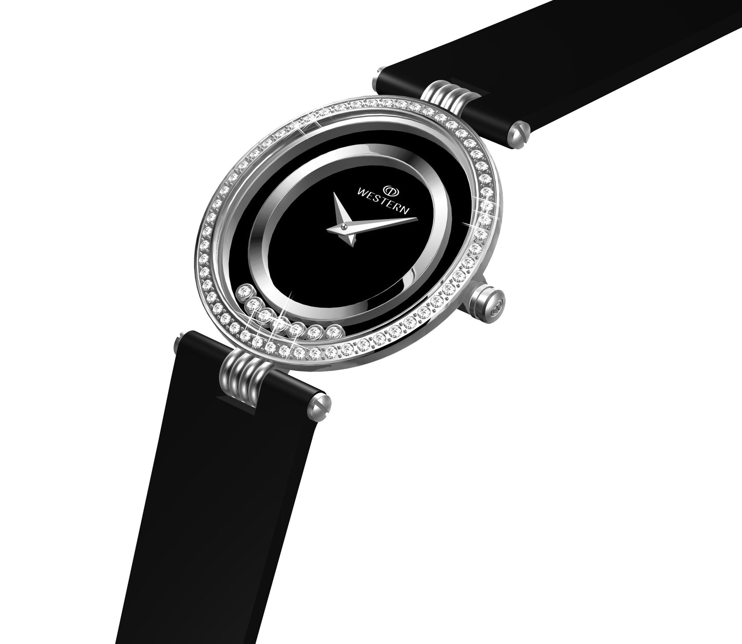 Black Strap Watch with Radiant Stone Accents