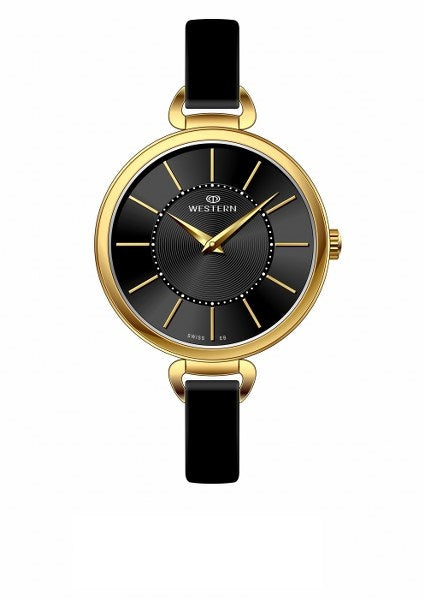 Elegant quartz analogue ladies watch with black dial and leather strap