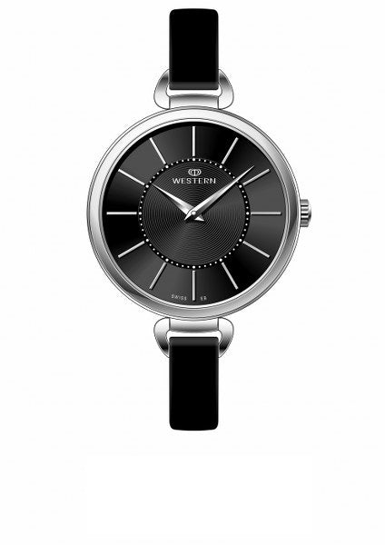 Quartz analogue ladies watch with black dial and leather strap.