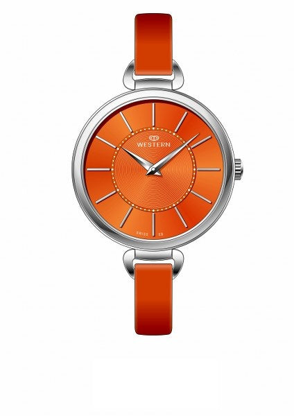 Quartz analogue ladies watch with orange dial and leather strap.