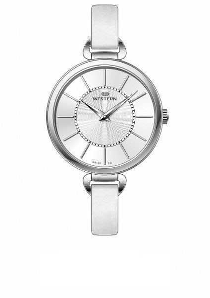 Quartz analogue ladies watch with white dial and leather strap.