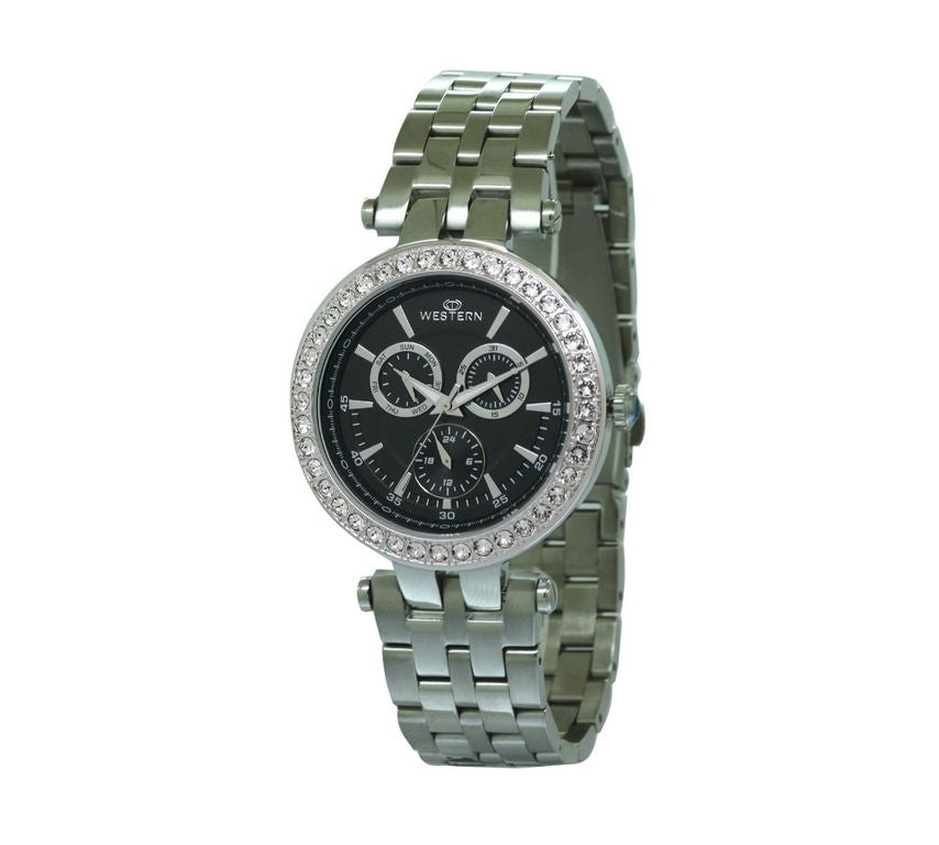 Women’s watch with stainless steel bracelet and black dial, designed with multifunctional features for everyday use