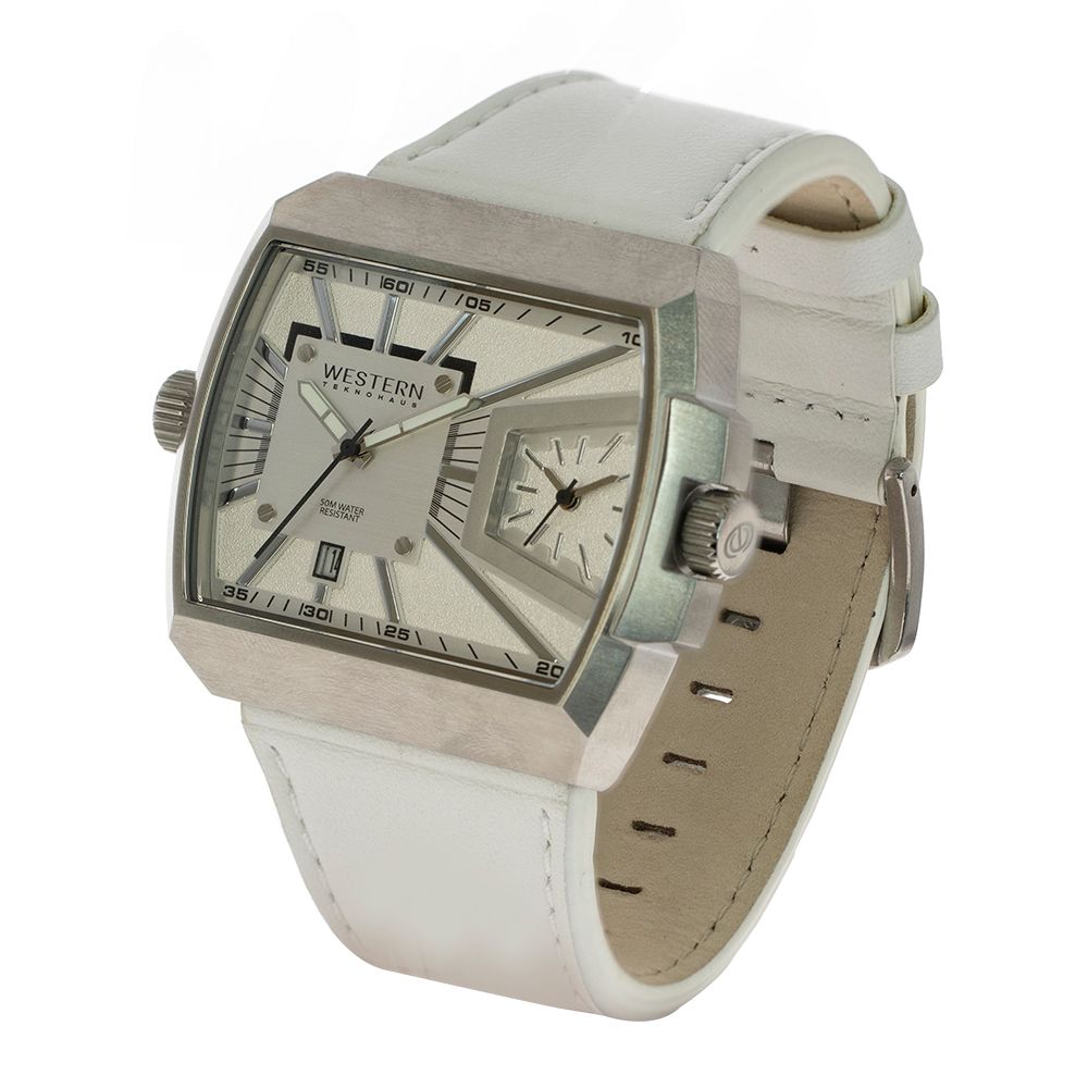 Men's Dual Time Leather Strap Watch, white dial with White Strap