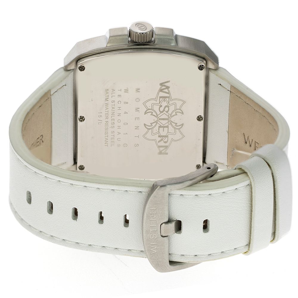 Men's Dual Time Leather Strap Watch, white dial with White Strap