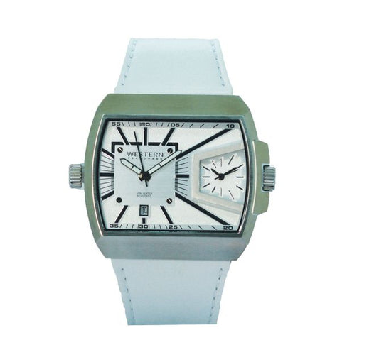 Men's Dual Time Leather Strap Watch, white dial with White Strap