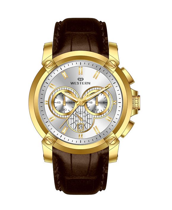 A men's watch with a silver dial, gold case, and brown leather strap, featuring chronograph subdials and a date display.