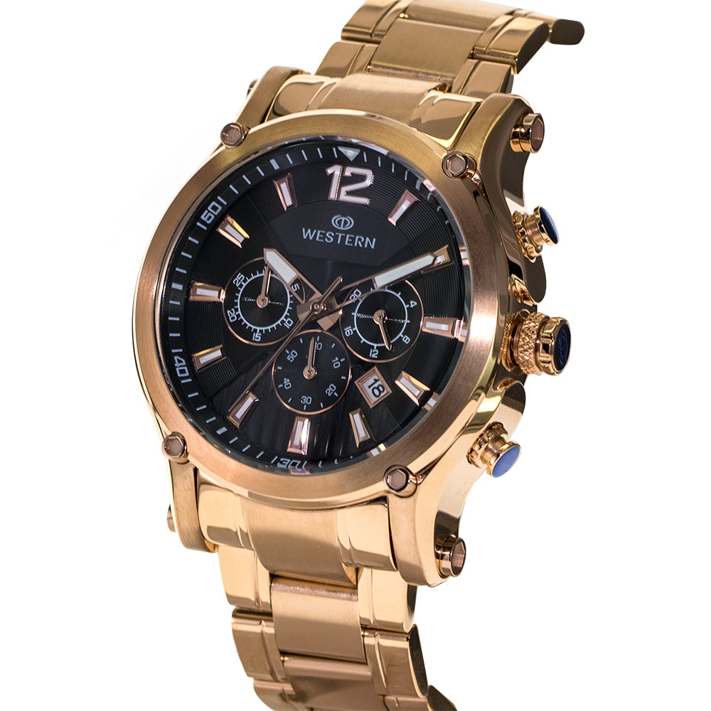 Men’s Rose Gold-Plated Chronograph Watch with Black Dial | Luxury Timepiece