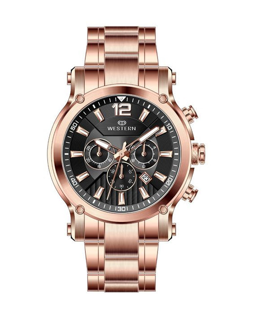 Men’s rose gold chronograph watch with black dial