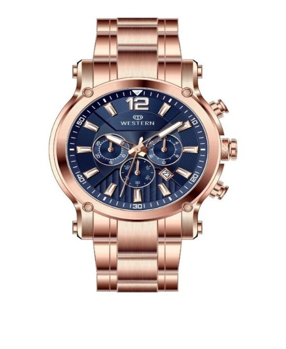 Luxury men’s chronograph watch with stainless steel case and stainless steel band.