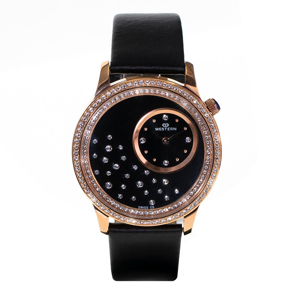 Quartz analogue ladies watch with black dial and leather strap.