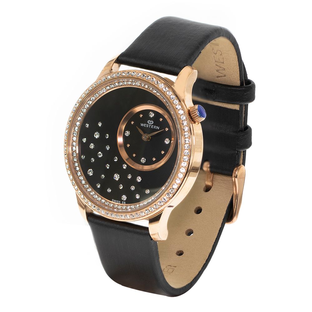 Stylish Quartz Analogue Ladies Watch with Black Dial & Leather Strap