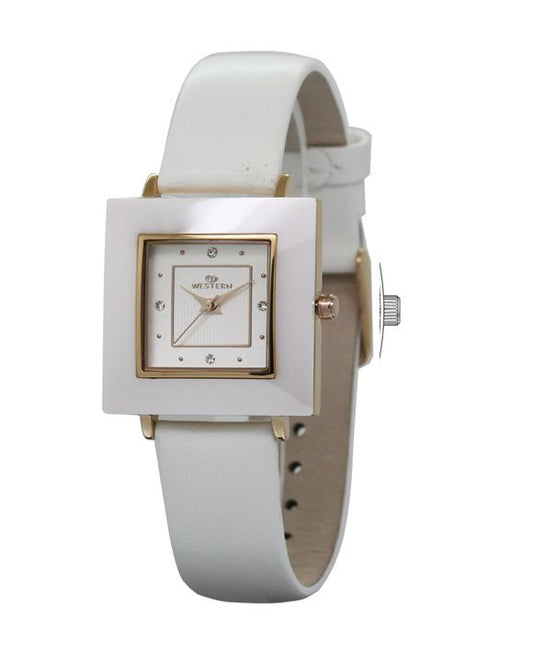 Sophisticated Ladies' White Leather Strap Square Timepiece