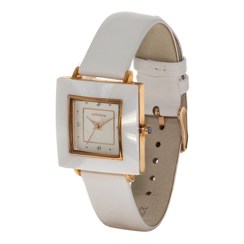 Sophisticated Ladies' White Leather Strap Square Timepiece