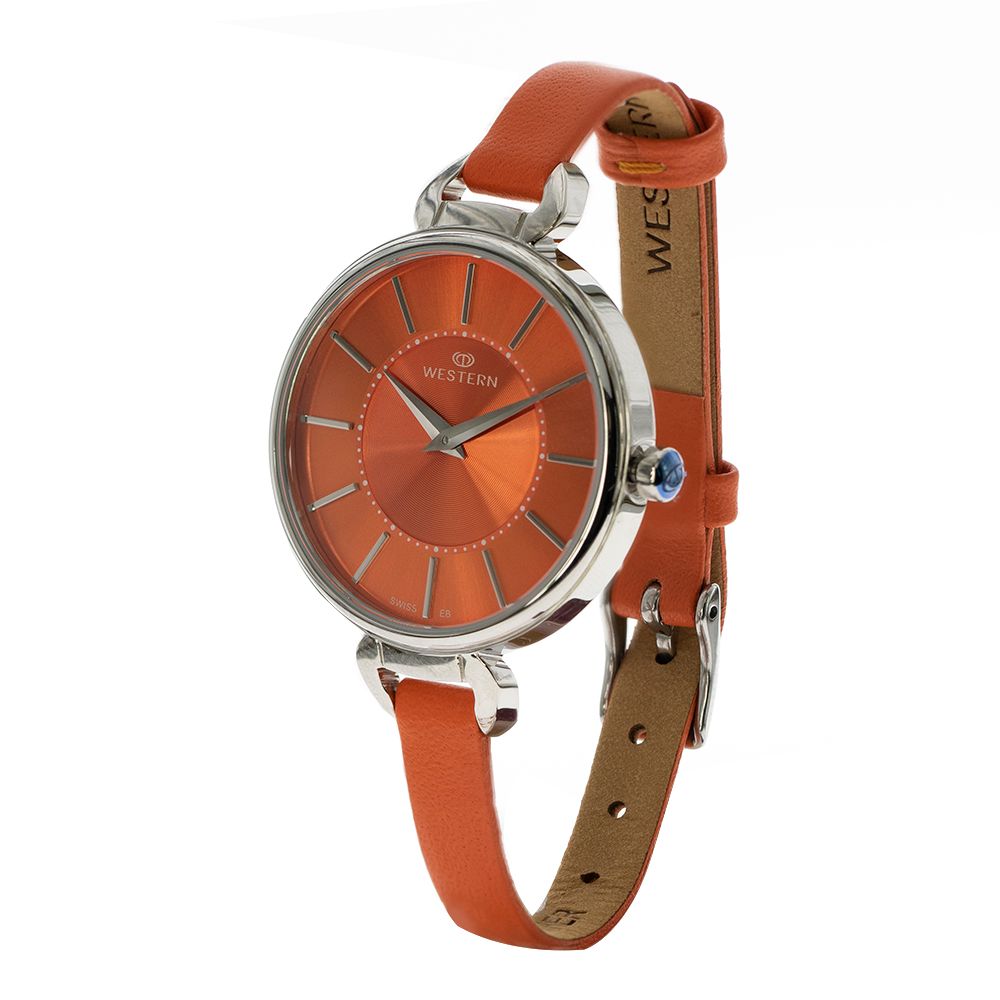 Stylish Quartz Analogue Ladies Watch | Orange Dial & Leather Strap